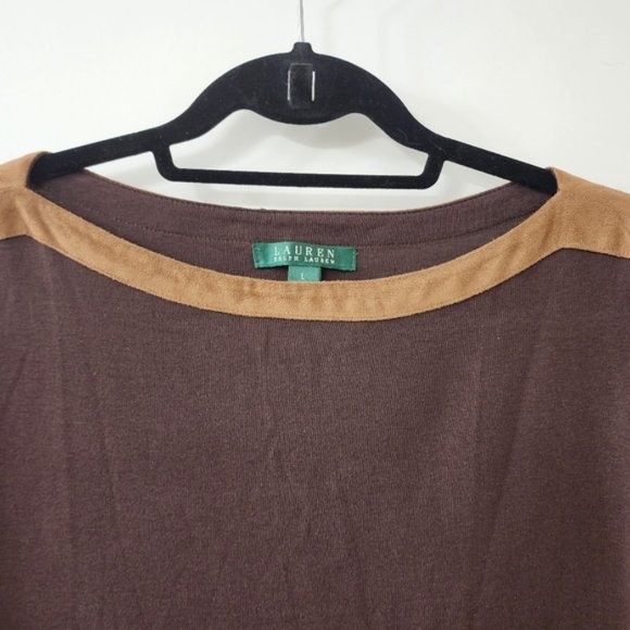 Ralph Lauren Chocolate Brown & Tan Suede Collar 3/4 Sleeve 100% Cotton Top L - Picture 2 of 7